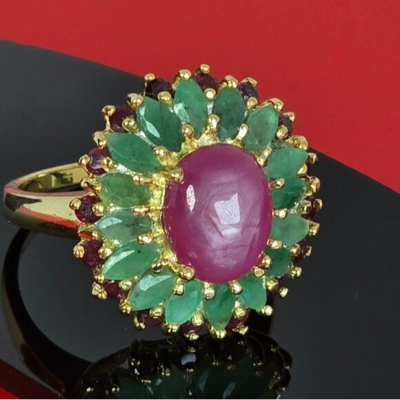 925 Sterling Silver Ring SZ 8.25 with Natural Ruby, Emerald & Garnet Gemstones - Picture 8 of 8